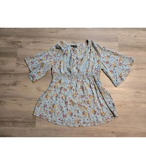 Suzanne Betro Sz L Smocked Waistband Midi Dress V-Neck Floral Blue